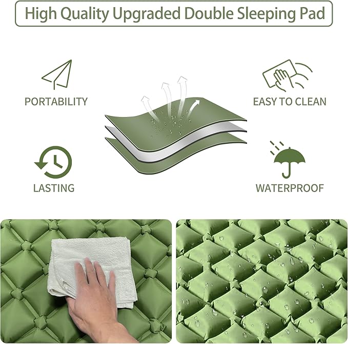 Double Sleeping Pad for Camping, 2 Person Ultralight Inflatable Sleeping Mat with Pillow and Built-in Foot Pump, Portable Camping Mattress for Tent, Backpacking, Hiking, Travel-Upgrade Green