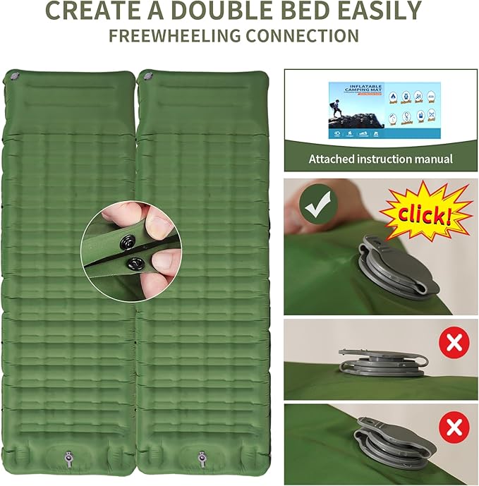 Sleeping Pad for Camping,5" Ultra-Thick Camping Mattress with Pillow Built-in Foot Pump, Self Inflating Camping pad for Backpacking, Car Camping, Hiking, Tent(Green)