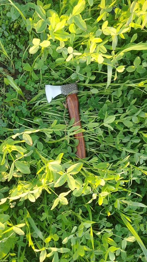 Handmade Viking Axe Real Carbon Steel Short Handle 12 Inch Bushcraft Tool Axe with Leather Sheath Camping Bearded Hatchets Hunting Axe Valentine's Day Gift, Birthday Gift for him (VK-Ax-7)