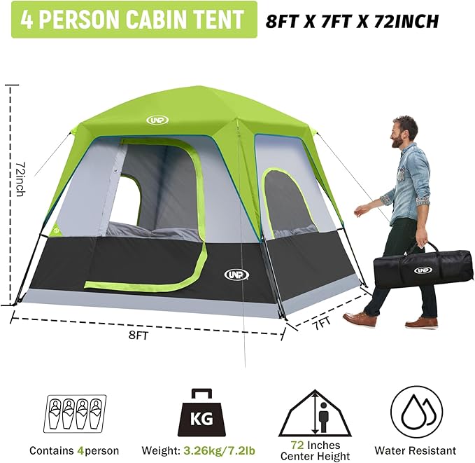 UNP 2/4/6/8 Person Tent, Portable Cabin Tent, Camping Tent 4-Person Easy Set Up, Waterproof with Top Rainfly for Outdoor Camping/Hiking