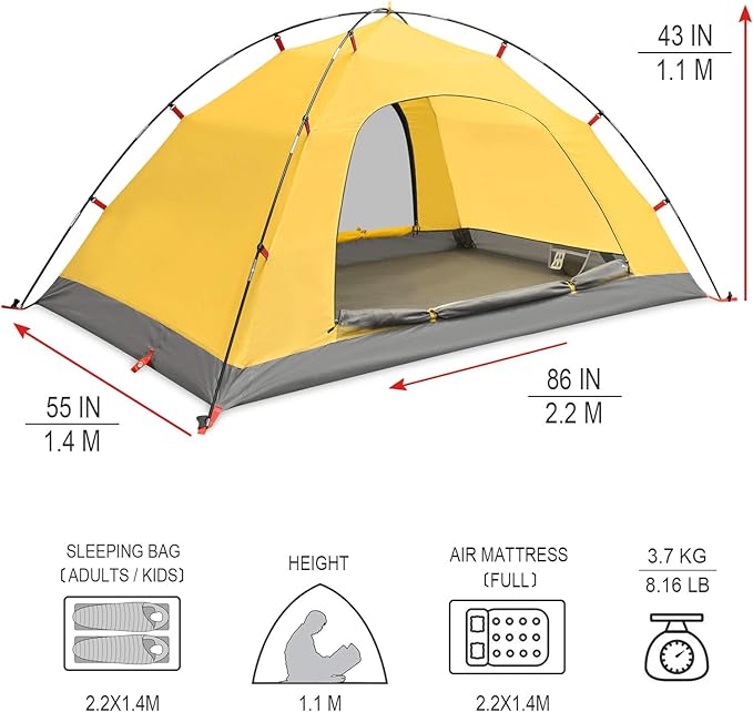 KAZOO 2／4 Person Camping Tent Outdoor Waterproof Family Large Tents 2/4 People Easy Setup Tent with Porch Double Layer