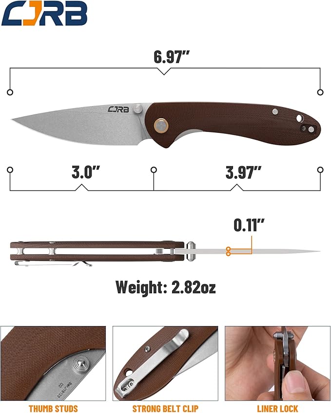 CJRB Folding Knife Feldspar(J1912) Stonewash D2 Steel Balde G10 Tactical Handle Pocket Folding Knife EDC,Brown Handle