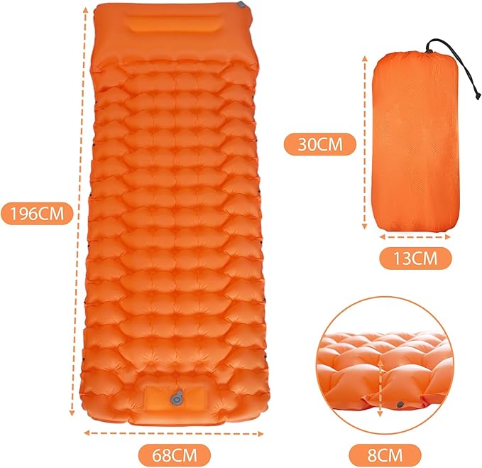 Inflatable Sleeping Pad for Camping, 77''X26'', Sleeping Mat with Built-in Pump, Airpad, Carry Bag, Repair Kit - Compact & Lightweight Air Mattress for Camping Hiking Backpacking (Orange)