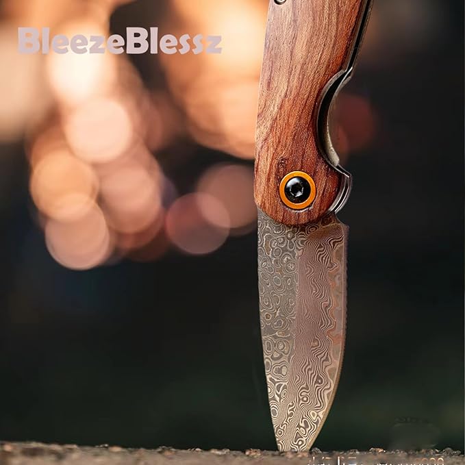 EDC Folding Pocket Knife, Men's and Women's Mini Pocket Knife, 6.1" Damascus Knife, Wood Handle, Sharp Camping Hiking Knife