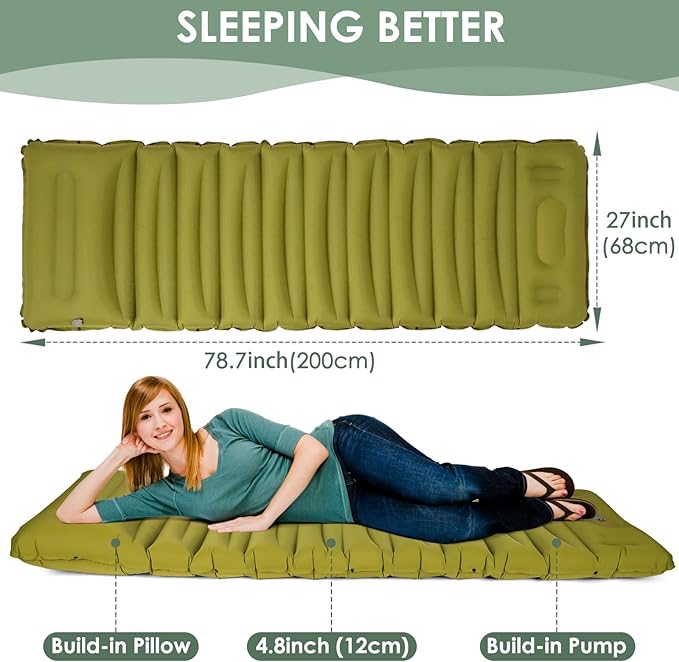 Extra Thick 4.8" Sleeping Pad for Camping, Self Inflating Camping Pad with Built-in Foot Pump, 78"x27" Ultralight Sleeping Pad with Pillow for Backpacking, Hiking, Travel & Outdoor Fun (Green)