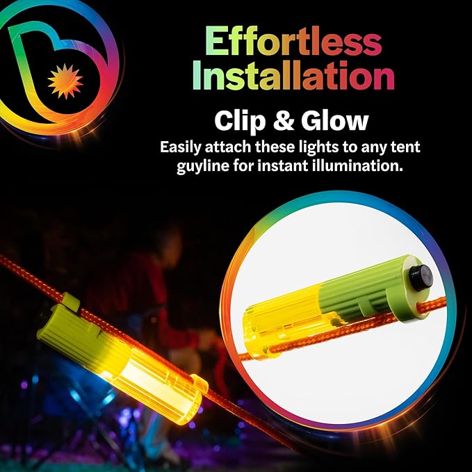 Brightz TentBrightz LED Tent String Lights for Guylines - Never Trip On Your Tent Strings Again - Keeps Tent Strings Visible at Night - Attaches to Tent Guy-Lines Campsite Safety Lights for Tents