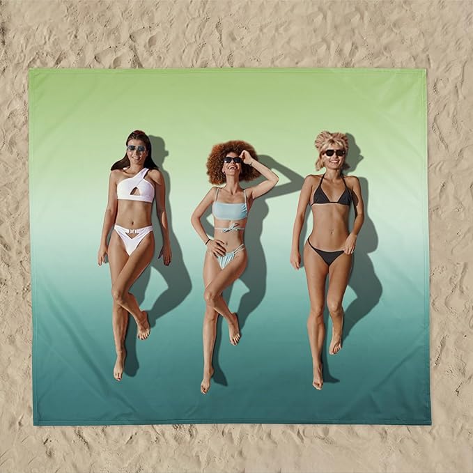 Beach Blanket Waterproof Sandproof, 10'X 9' Oversized Beach Picnic Blankets, Beach Mat Sand Free Windproof w/Stakes and Corner Sand Pocket for Outdoor, Travel, Camping, Beach Essentials-Teal Gradient