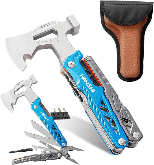 Camping Axe Multitool with YG10 Tungsten Steel Replaceable Wire Cutters for Gift,17 in 1 Multi Tool with Spring-Action Pliers,Knife,Screwdriver,Flint Rob,Safty Whistle with Nylon Sheath (Blue)