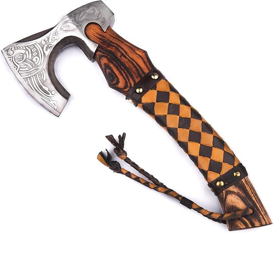 H&A CRAFTS® Viking Axe The Ragnar Lothbrok Real, and Custom Crafted with Leather Sheath Carbon Steel Camping Hatchet Personalized Gifts for Men (Odin's Viking Axe Small)