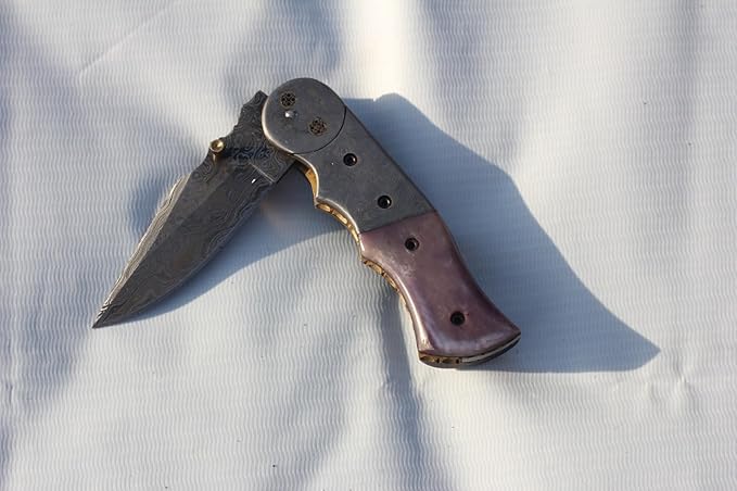 Damascus Folding Knife, Damascus Steel folding knife with Sheath, Damascus Pocket Knife with Bone, Hunting Knife, Pocket Knife for Men Birthday Gift