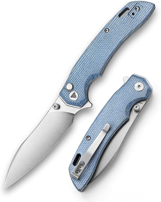 Button Lock Folding Pocket Knife for Men, EDC Flipper Knives with Clip for Camping Tool，3.54" 14C28N Nussmuk Blade & Micarta Hanlde，Thumb Stud，Survive Outdoor Gift.Aur-04L