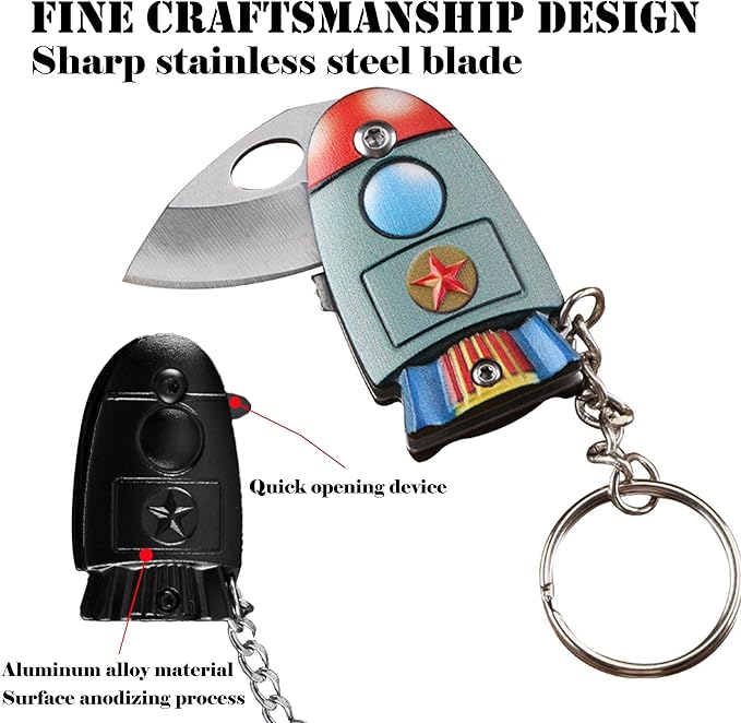 Rocket Shaped EDC Knife, Cool Key Chain Knife, Pocket Knife with Stainless Steel Blade, Suitable for Wilderness Survival, Collection, Daily Use and Outdoor Travel (Colorful)