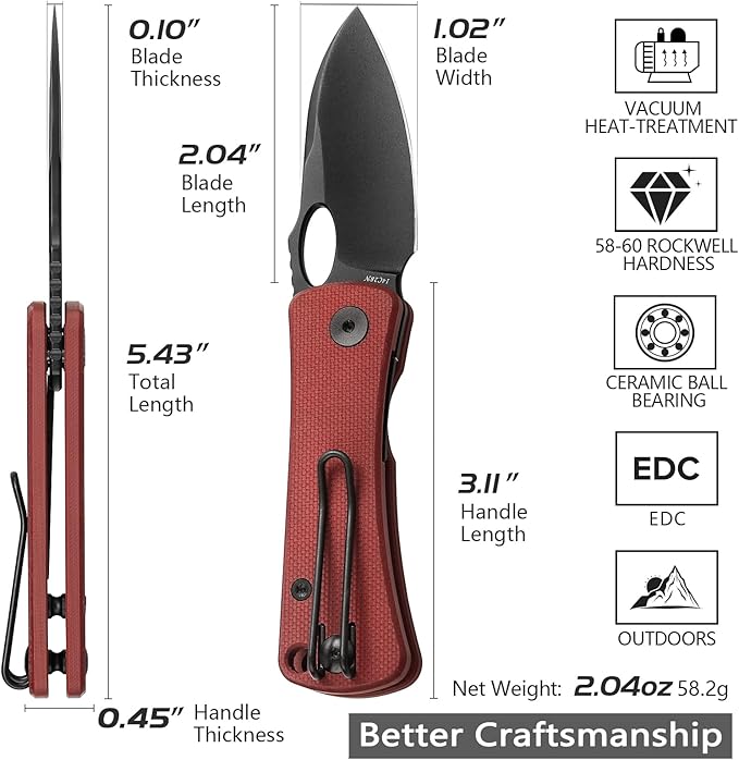 Pocket Knife for EDC,2.04in 14C28N Steel Blade,Red G10 Reversible Deep Carry Clip Handle,Folding Thumb Hole Knives for Men and Women，Andromeda-03RG