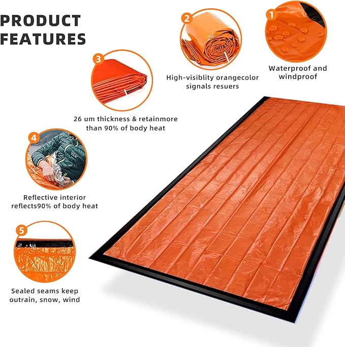 Emergency Sleeping Bag, Survival Sleeping Bag, Survival Bivouac Bag, First Aid Rescue Blankets, Waterproof Emergency Blanket, Warm Tube Tent, Ultralight, Heat Repellent, Cold Protection, Rescue Tent