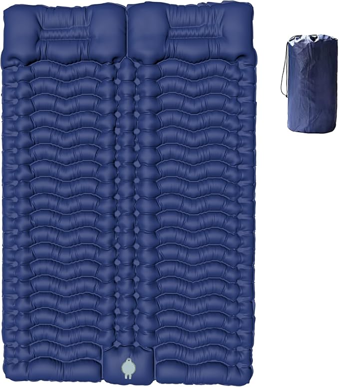 Double Sleeping Pad for Camping, Self-Inflating Sleeping Mat with Built-in Foot Pump, Air Mattress with Pillows, Foldable Camping Sleeping Pad for Hiking, Backpacking, Traveling (Blue)