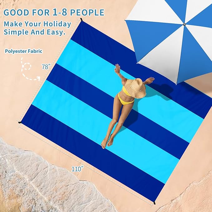 BYDOLL Beach Blanket Sandproof Waterproof 78''×110''1-7 Adults Compact Lightweight Oversized Beach Blanket Large Picnic Mat Beach Blanket for Travel Camping Hiking Picnic