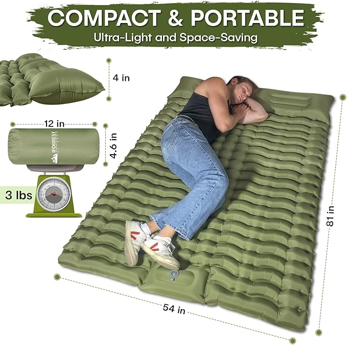 Camping Double Sleeping Pad - Fast 60s Foot Pump Inflatable Air Mattress, Ultralight Durable Ergonomic Egg-Shaped Mat, Built-in Pillow, Ideal for Backpacking