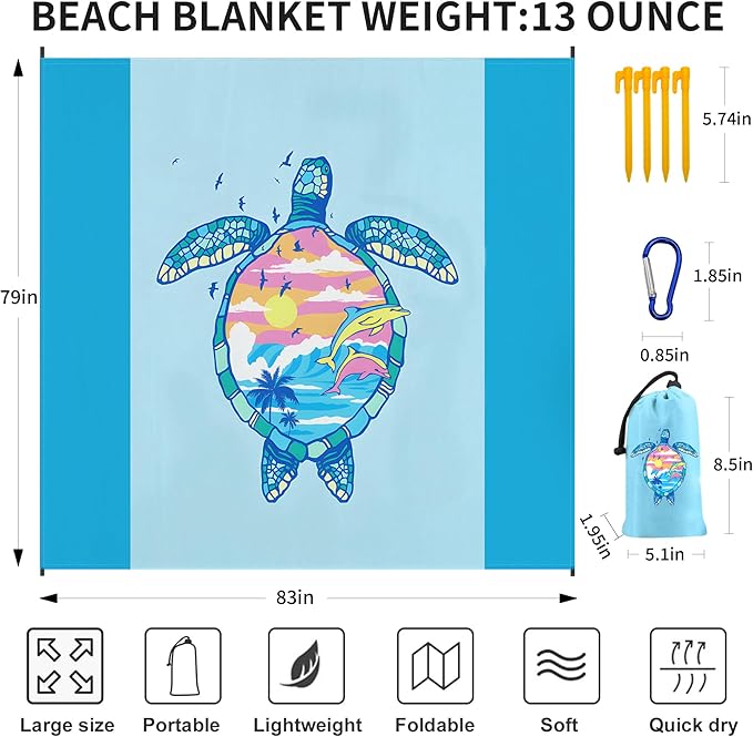 Beach Blanket Waterproof Sandproof 79"x 83" for 1-4 Adults,Quick Drying Beach Mat,Lightweight & Durable,Beach Essentials for Family Beach Camping Travel Picnic(Blue Turtle)