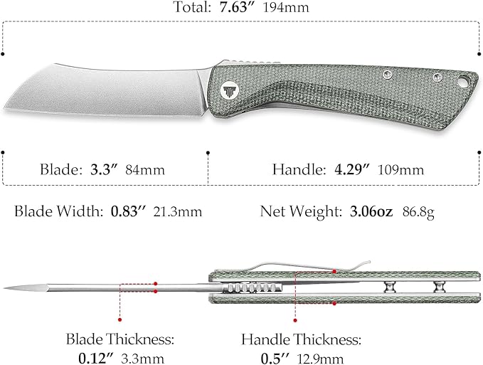 Higonokami Folding Pocket Knife for Men，3.3" 14C28N Stonewash Camping EDC Knives with Clip Micarta Handle，Norma-04G