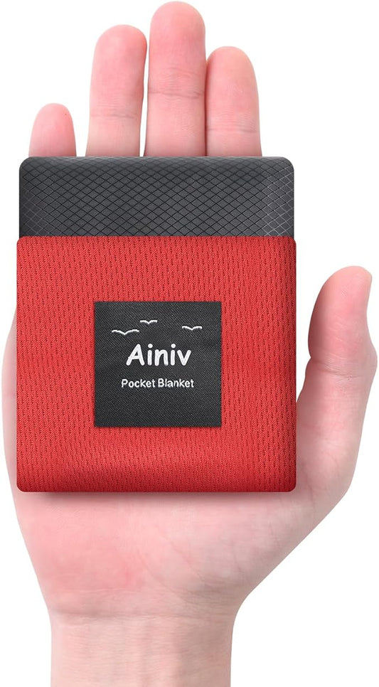Ainiv Picnic Blanket, Mini Pocket Beach Mat 43.3 x 55.1IN (2-3 People) Foldable, Lightweight Waterproof Sand Free, Foldable Thin Ground Sheet for Outdoor Camping Hiking Travel - with Hand Strap