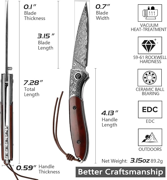 Handmade Damascus Steel Folding Pocket Knife,3.15in Blade Bone Handle Thumb Stud Opener Knives for Men EDC, Piscis Austrinus-02B