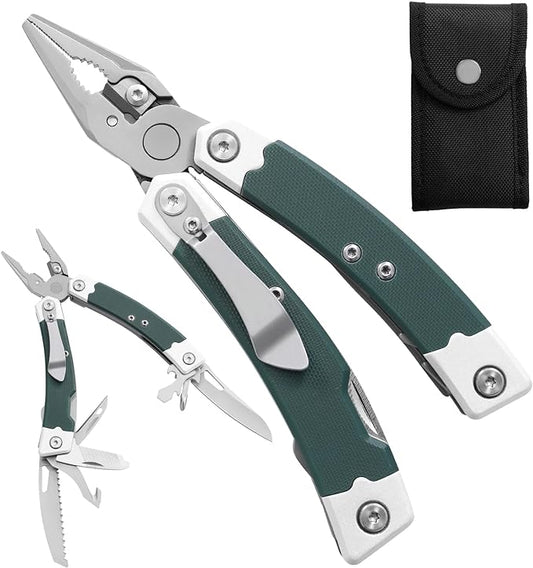 G10 Handle Multitool Pliers with YG10 Tungsten Steel Replaceable Wire Cutters 12 in 1 Multi Tool Pocket Knife with Safety Lock,Saw,Bottel Opener for Camping,Survival with Nylon Sheath (green)
