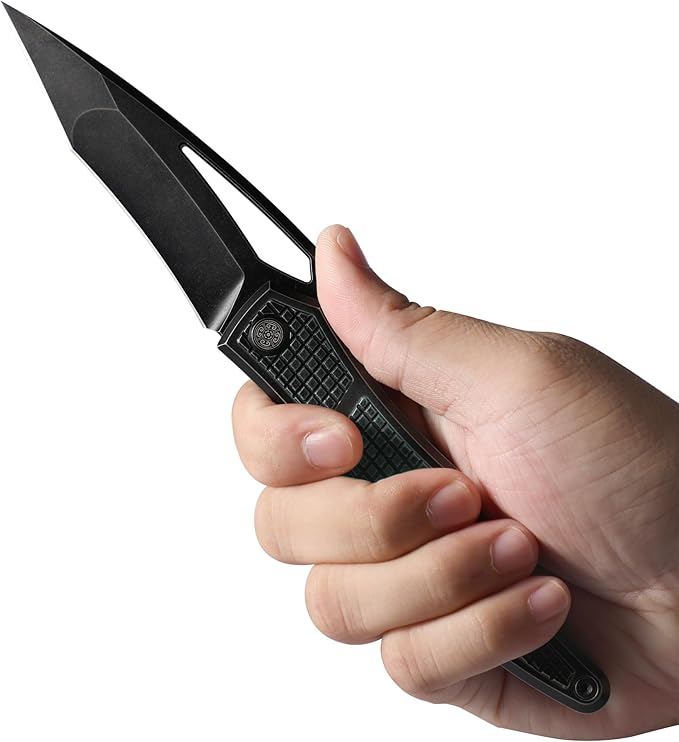 Knife Ripback Thumb Hole Knife,3.85" Stonewashed M390 Blade,4.84" Titanium Scale Handle Frame Lock Folding Knife,Reverse Grip Pikal Knife,4.63oz EDC Knife Pocketclip (Green)