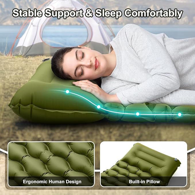 Sleeping Pad, 50D Ultralight Inflatable Camping Mat with Pillow Built-in Foot Pump Sleeping Mat Waterproof Portable and Compact Camping Mattress for Backpacking/Hiking/Traveling/Tent/Road Trip