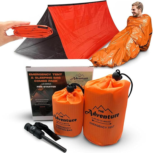 Emergency Sleeping Bag & Tent Shelter, Stocking Stuffer! Combo Prepper kit Survival Tent, Bivy Sack Tent, Sleeping Bag, Fire Starter + Whistle, Mylar Thermal Adventure Supply Co.