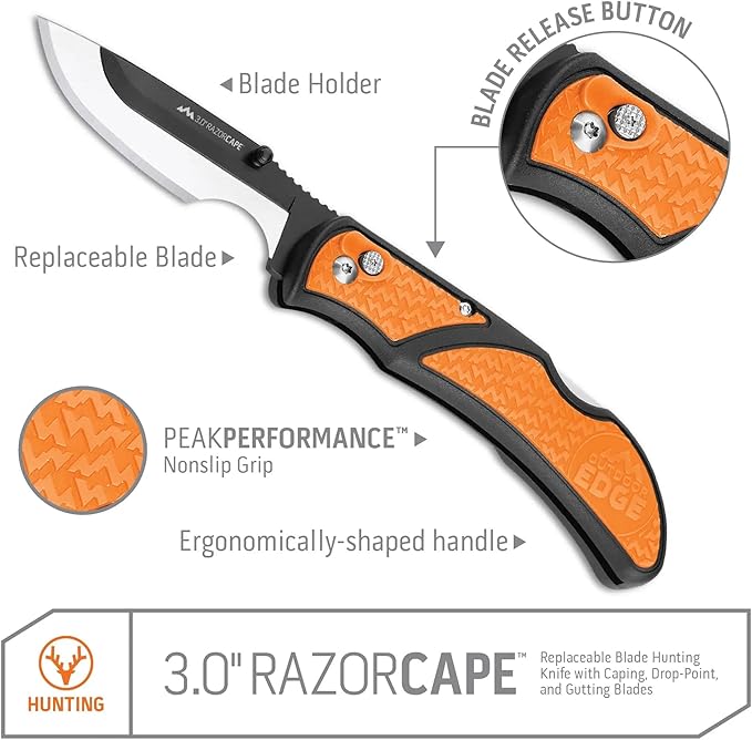 OUTDOOR EDGE 3" RazorLite EDC Knife. Pocket Knife with Replaceable Blades and Clip. The Perfect Hunting Knife for Skinning Deer. (Orange (Caping))