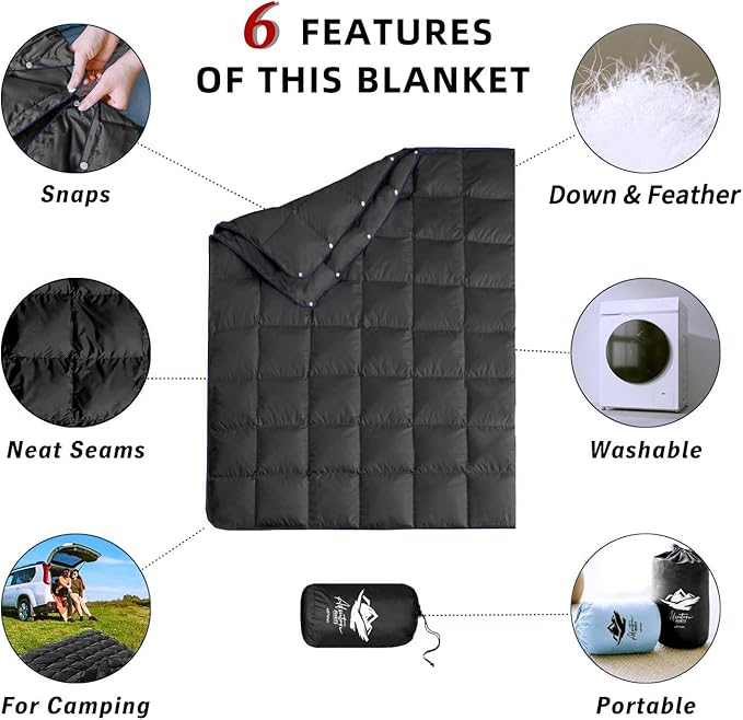 Down Camping Blanket,Puffy Down Blanket Packable Lightweight Down Throw Quilt Water-Resistant Outdoor Travel Blanket for Camping,Hiking,Stadium,Picnic,Car 50x77''Black