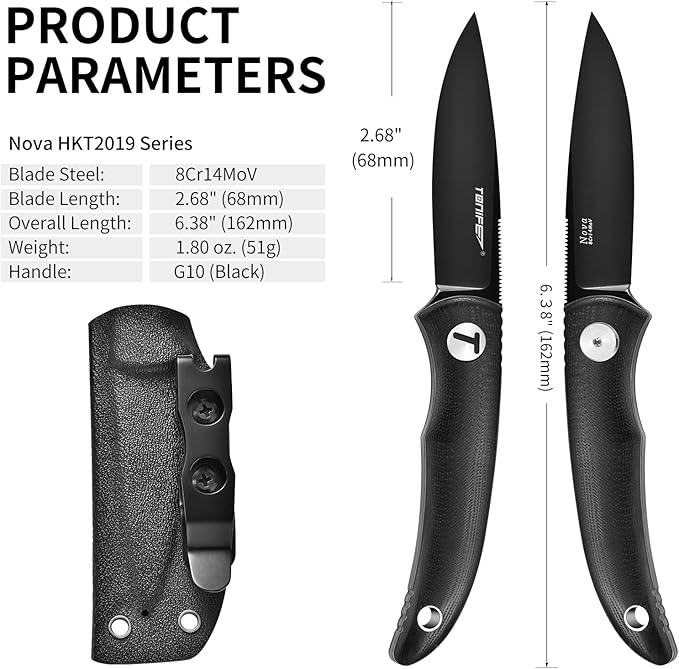 TONIFE Nova 2.68'' Blade Mini Neck Knife Knife Full Tang Fixed Blade Knife with Kydex Sheath and Adjustable Paracord Lanyard for Camping Outdoor Survival Tool (Black+Black Titanium)