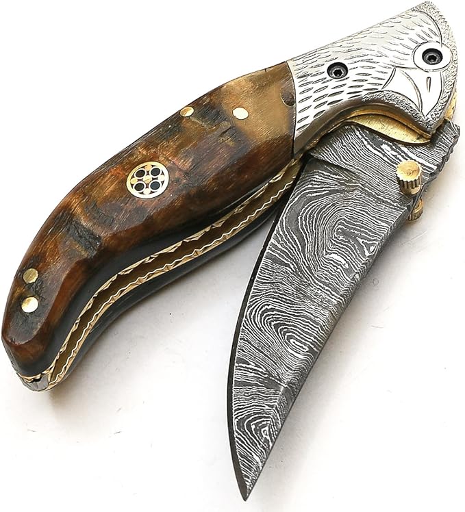 PAL 2000 KNIVES POC-9150 Custom Handmade Damascus Steel Folding Knife With Sheath