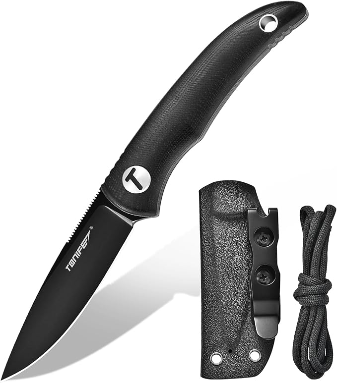 TONIFE Nova 2.68'' Blade Mini Neck Knife Knife Full Tang Fixed Blade Knife with Kydex Sheath and Adjustable Paracord Lanyard for Camping Outdoor Survival Tool (Black+Black Titanium)