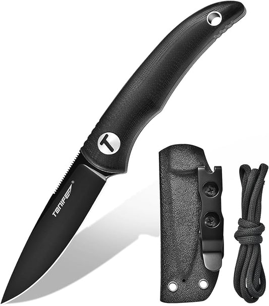 TONIFE Nova 2.68'' Blade Mini Neck Knife Knife Full Tang Fixed Blade Knife with Kydex Sheath and Adjustable Paracord Lanyard for Camping Outdoor Survival Tool (Black+Black Titanium)