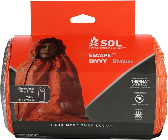 SOL Escape Bivvy with Hood - Emergency Preparedness Blanket - Reflects Up to 70% Body Heat - Outdoor Survival Bivvy - Water Resistant - Durable & Breathable - Winter Camping Supplies - Orange