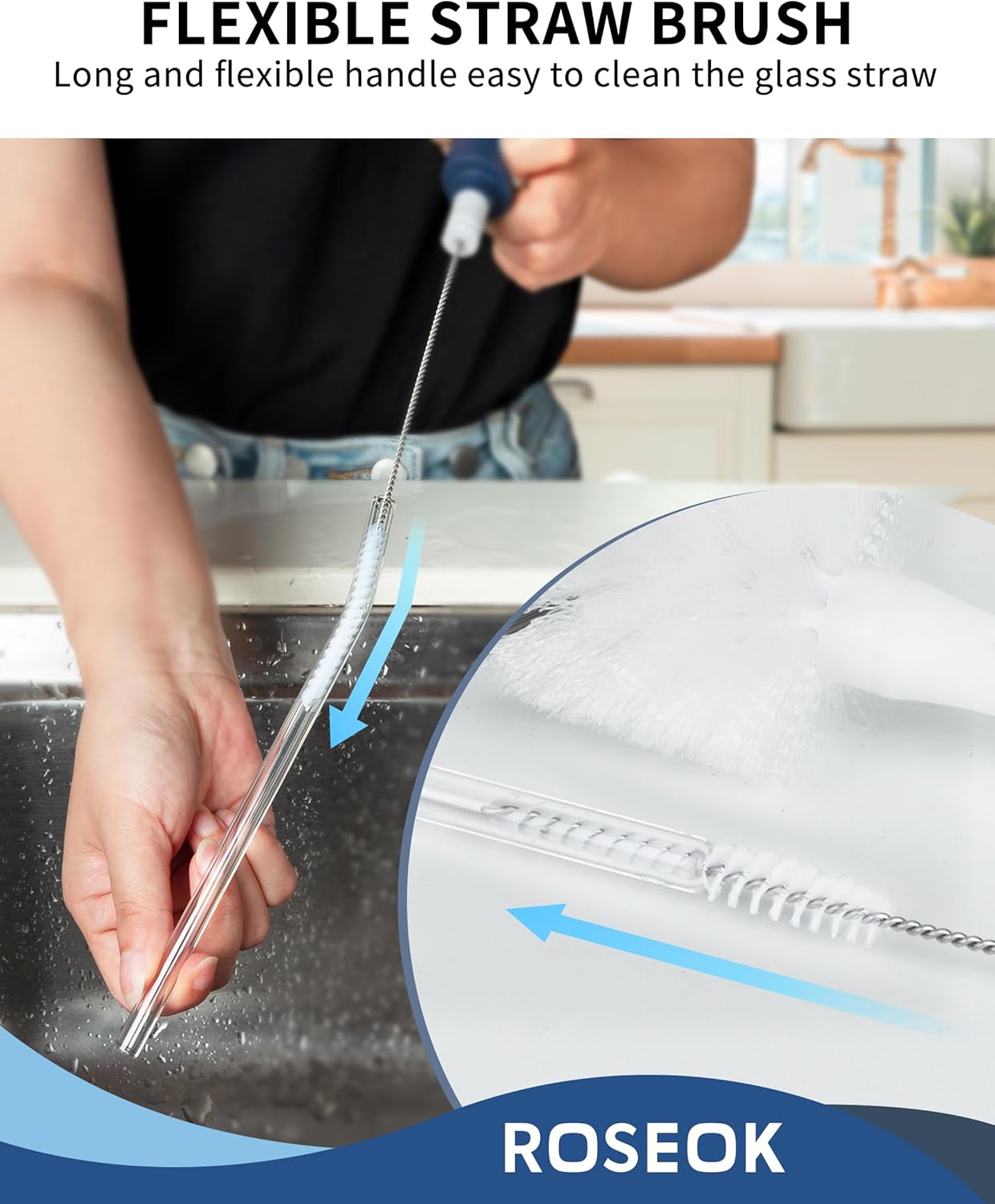 2 in 1 Long Handle Bottle Brush with Straw Brush for Cleaning Glass, Sports Bottle, Coffee Mug,Navy Blue,1 Pack