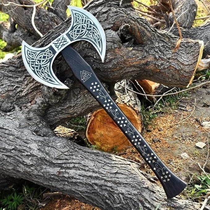Camping Axe Tomahawk Viking Axe Long Double Edge Head Viking Axe Twin Blade Axe with Rose Wood Handle on Brass Work with Leather Sheath