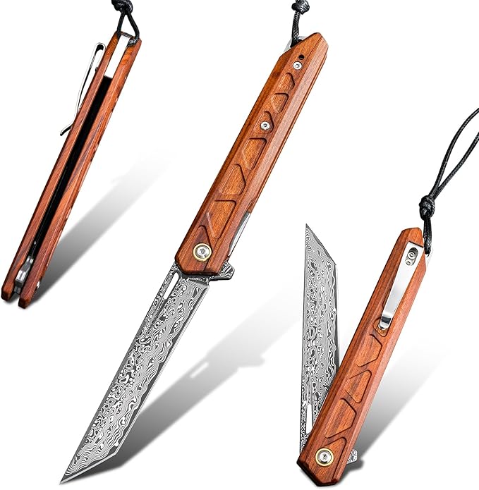 Handmade Forged VG10 Damascus Steel Blade, EDC Folding Knife Rosewood Handle, Pocket Clip.