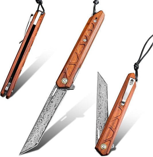 Handmade Forged VG10 Damascus Steel Blade, EDC Folding Knife Rosewood Handle, Pocket Clip.