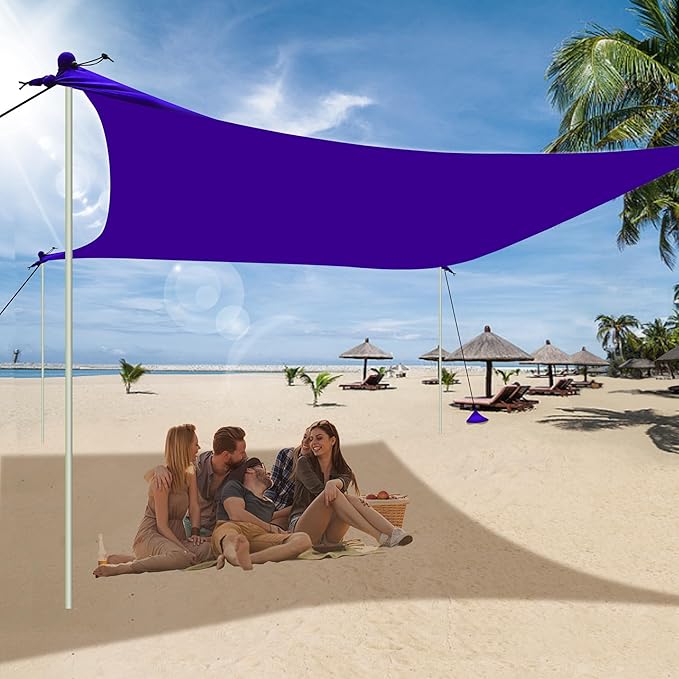 UMARDOO Family Beach Tent Canopy Sun Shade Portable 7×7FT, Large Wind Resistance Beach Sun Shelter Easy Setup with Packable Carry Bag for Outdoor Travel UPF 50+(Purple)
