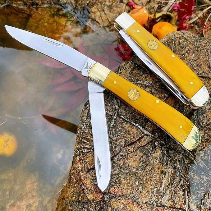 Watchman Trapper Pocket Knife – Dual Stainless Steel Blades Slip Joint Knife Folding Pocket Knife with Authentic bone handle scales (yellow)