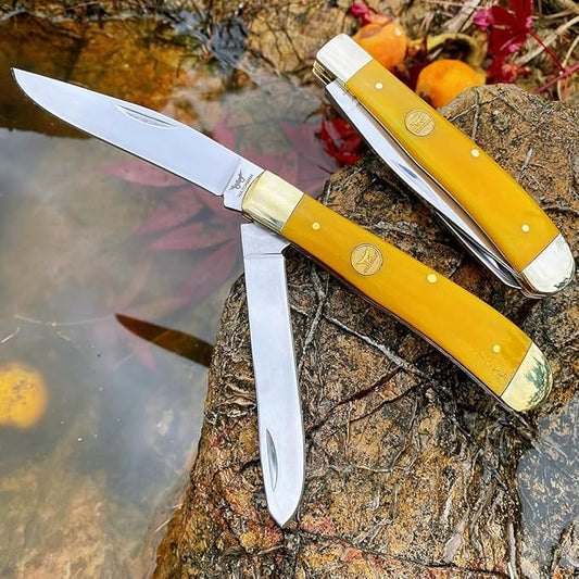 Watchman Trapper Pocket Knife – Dual Stainless Steel Blades Slip Joint Knife Folding Pocket Knife with Authentic bone handle scales (yellow)