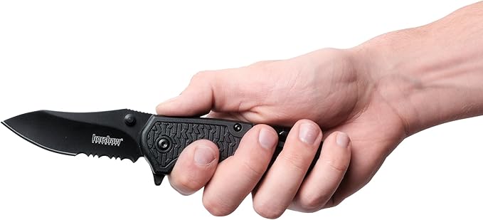 Kershaw Funxion EMT (8100); Multifunction Folding Pocketknife; 3 inch Partially Serrated Stainless Steel Blade; Carabiner Clip, Cord Cutter, Screwdriver Tip, Hex Wrench, Glassbreaker Tip , Black
