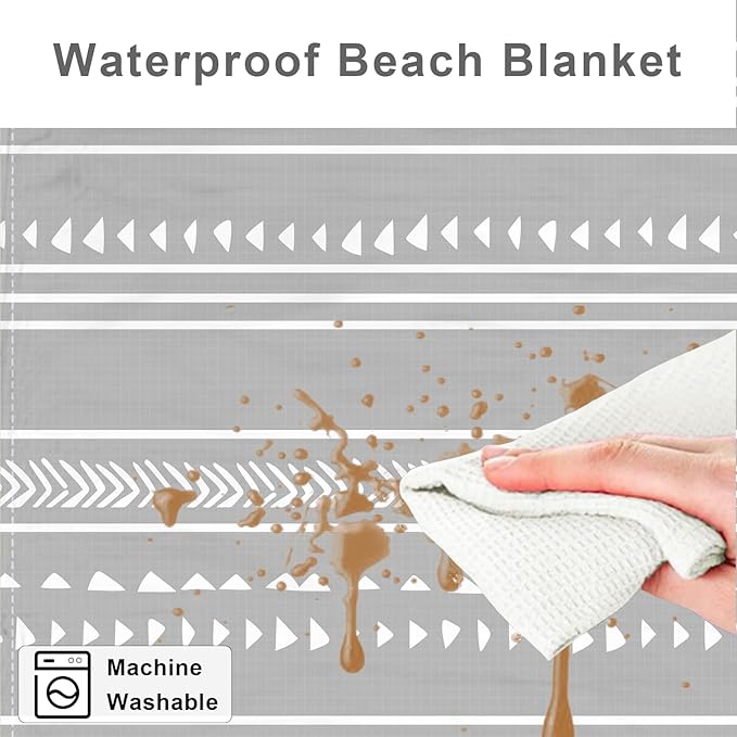 78''×86'' Large Beach Blanket for 4 Adults, Outdoor Beach Mat Sand Proof Waterproof with 4 Stakes & 4 Corner Pockets, Polyester Lightweight Comapct Grey Picnic Mat for Travel, Camping, Hiking
