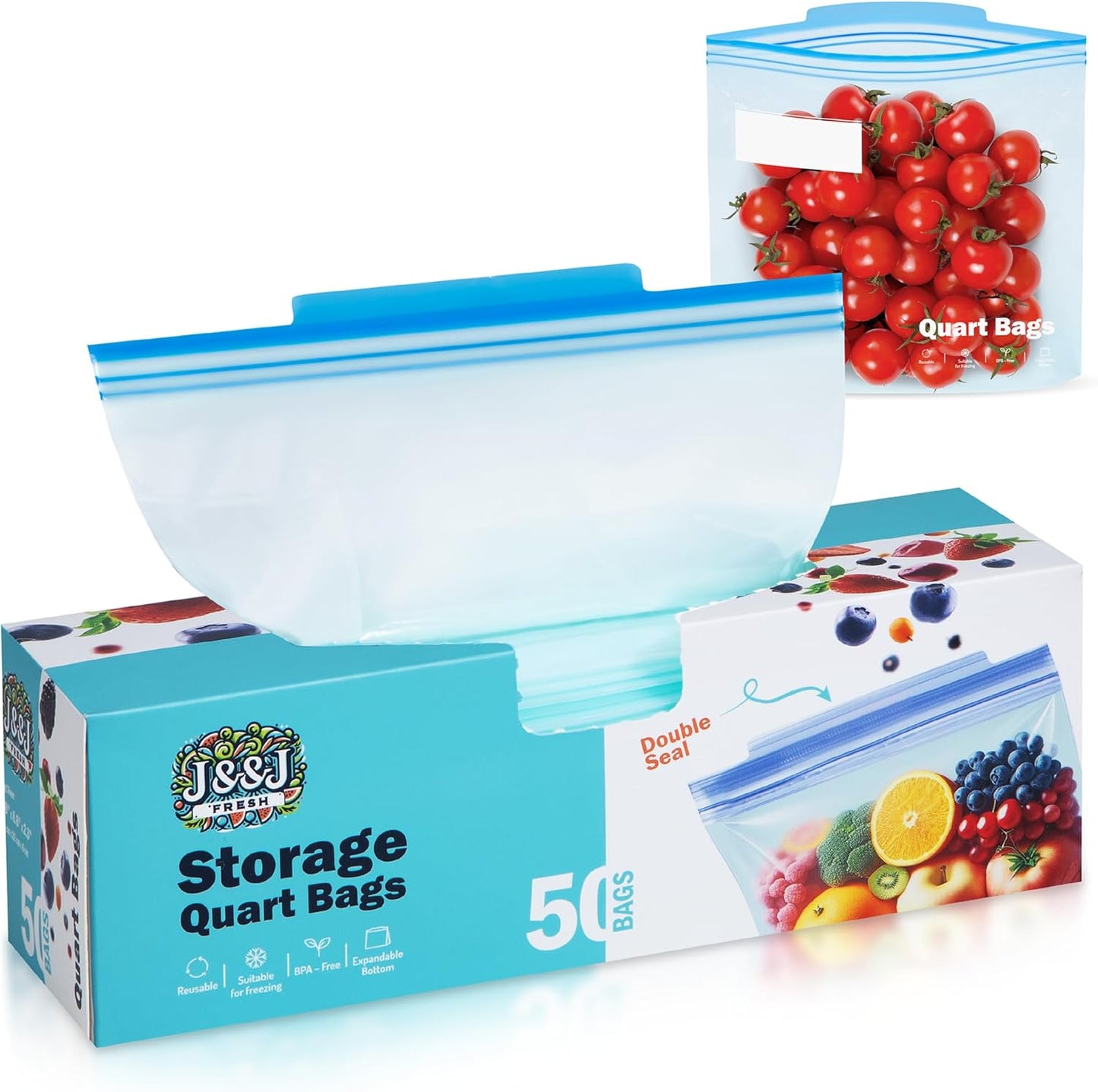 J&&J Fresh Storage Quart Freezer Bags, 50 Pack — Reusable, BPA-Free, Leakproof — Expandable Bottom, Microwave-Safe, Strong Zipper Seal — Quart Bags for Meal Prep & Freezer Storage — Durable & Washable