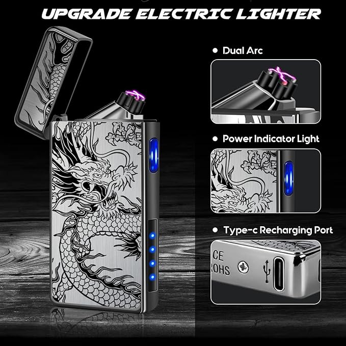 LcFun Electric Lighter USB Rechargeable Lighter, Windproof Plasma Dual Arc Lighter, Flameless Cool Lighters with LED Battery Indication for Candles, Incense Stick, Outdoor Camping (Black Dragon)