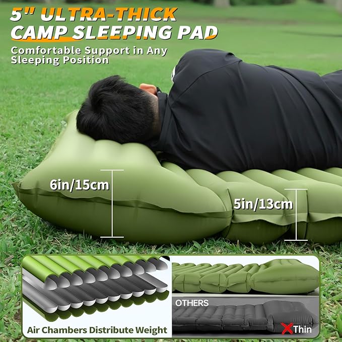 Double Sleeping Pad for Camping, 5"Ultra-Thick Queen Camping Mattress 2 Person with Pillow Built-in Pump, Self Inflating Camping Pad for Backpacking, Hiking, Traveling, Tent, Portable Sleeping Bed