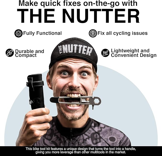 THE NUTTER All in One Bike Tool - Portable Bike Repair Kit with Cycling Multitool and Black Leather Pouch - Specialized Bike Accessories, Bike Tools - Emergency Biking Gear for All Types of Bicycles