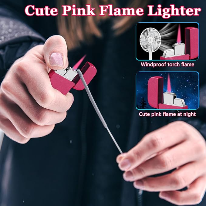 Pink Flame Torch Lighter,Cute Glitter Pink Lighter,Refillable Butane Lighter, Windproof Lighter for Outdoor Camping BBQ Candle,Nice Gift for Girls,Women on Birthday,Anniversary(1 Pack,without Butane)